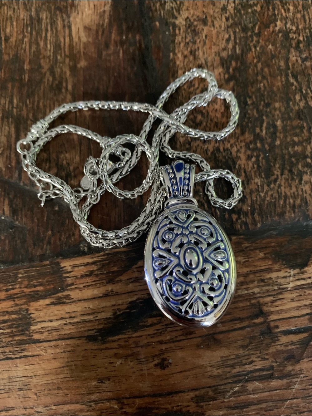 Ornate Silver Tone Blue Enamel Oval Filigree Pendant Necklace - Women